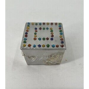 VTG Small 2”x2” Silver Colored Trinket Box Rainbow Jeweled New Old Stock